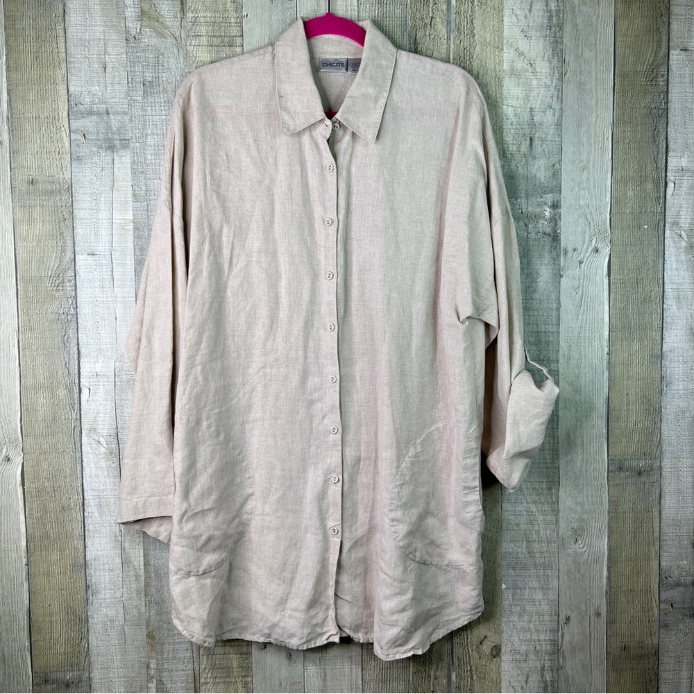 Chico’s Size 3 Linen Tan Button Front Tabbed Sleeves With Side Pockets